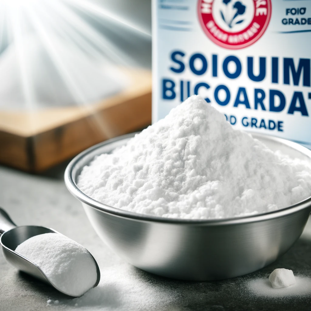 Fine white sodium bicarbonate powder in a stainless steel bowl with scoop, ideal for food processing