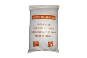 Label on 25kg baking soda bag showing batch number and country of origin